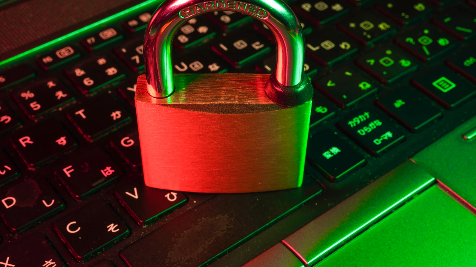 A red padlock on a black computer keyboard, representing email security