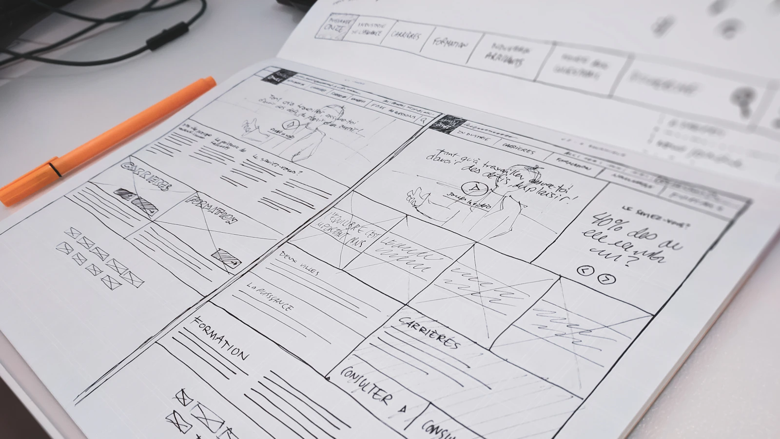 A hand-drawn website wireframe on paper with an orange pen